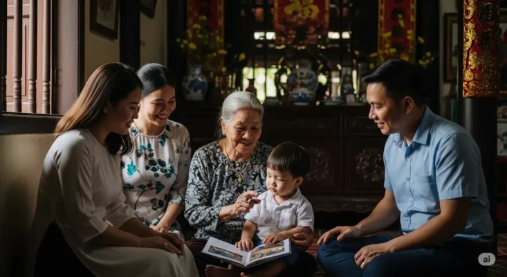 Vietnamese grandmother reading to a child