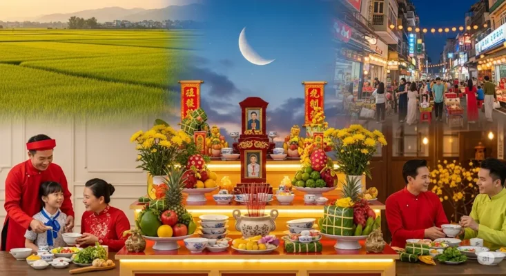 Vietnamese holiday montage altar, rice paddies