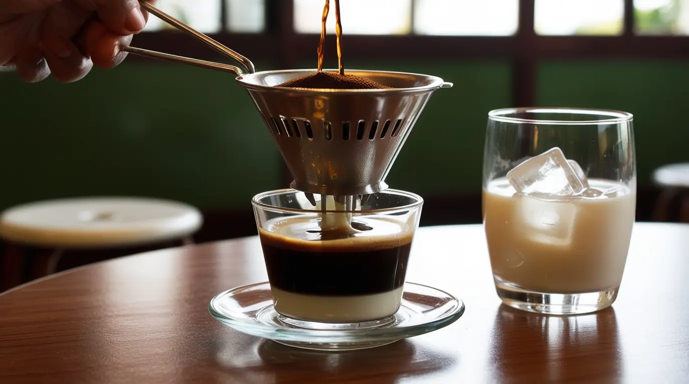 Vietnamese phin filter dripping coffee onto condensed milk to make Cà phê sữa đá.