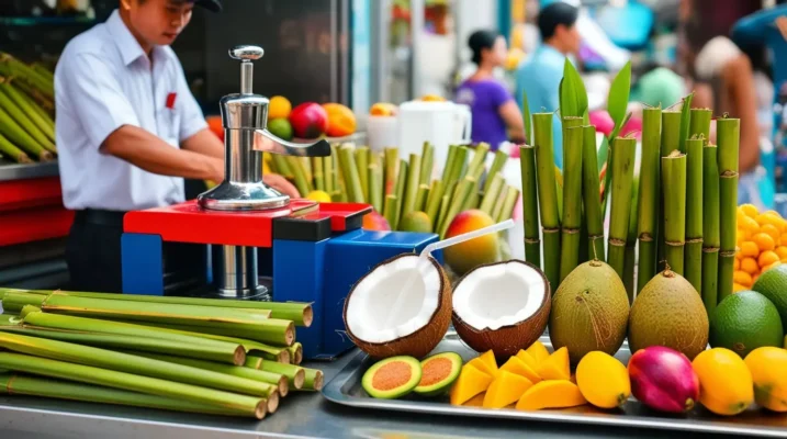 Vietnamese street vendor pressing sugarcane juice with fresh fruits