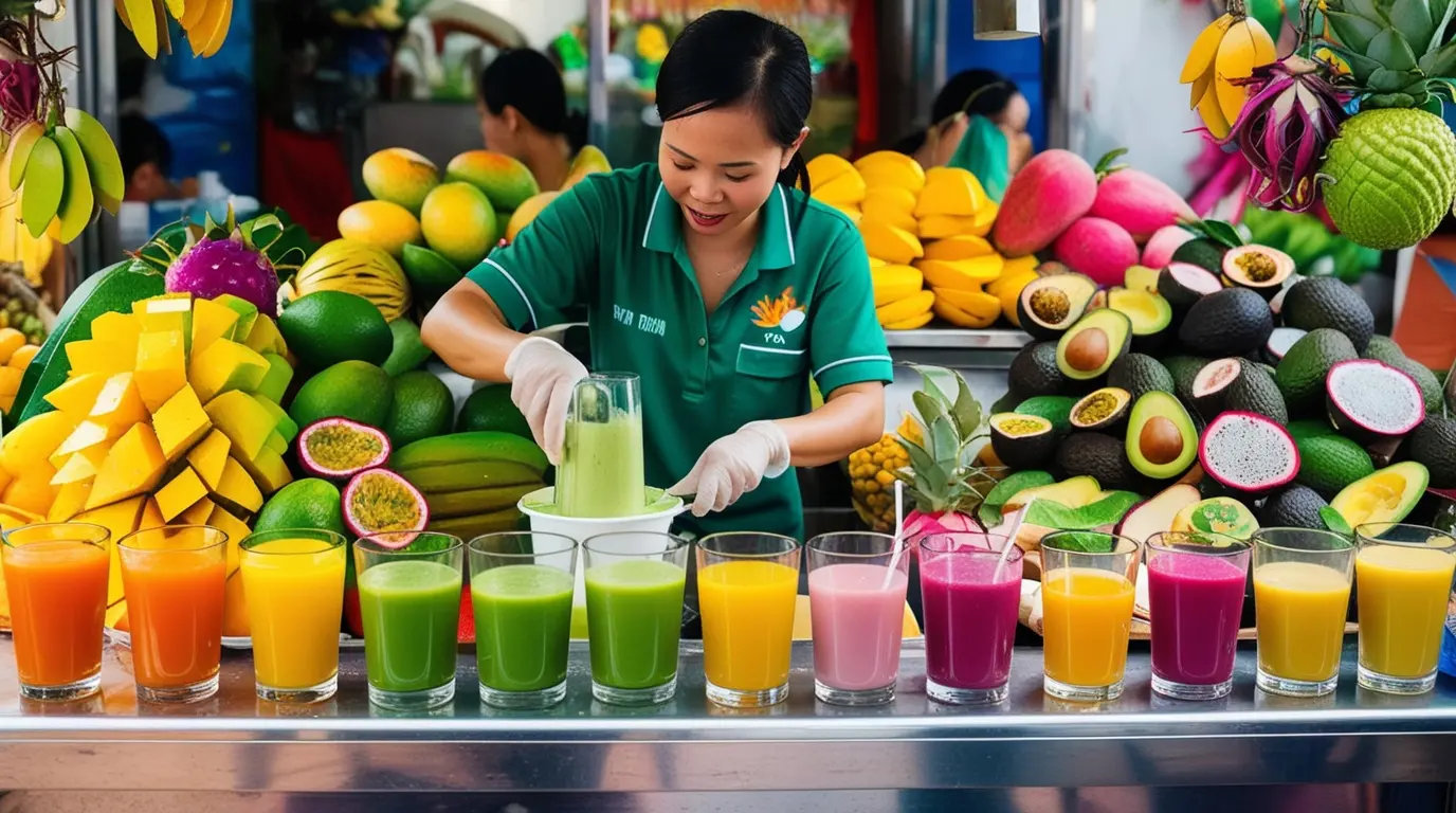 Vietnamese vendor prepares fresh fruit smoothies at vibrant street stall surrounded by tropical fruits and colorful juices.
