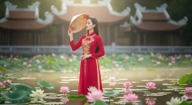 Vietnamese woman in red ao dai and nón lá in a lotus pond before temples