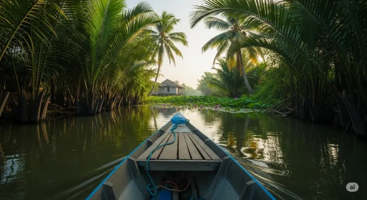View from a wooden boat on a tropical river lined with palm trees and water lilies