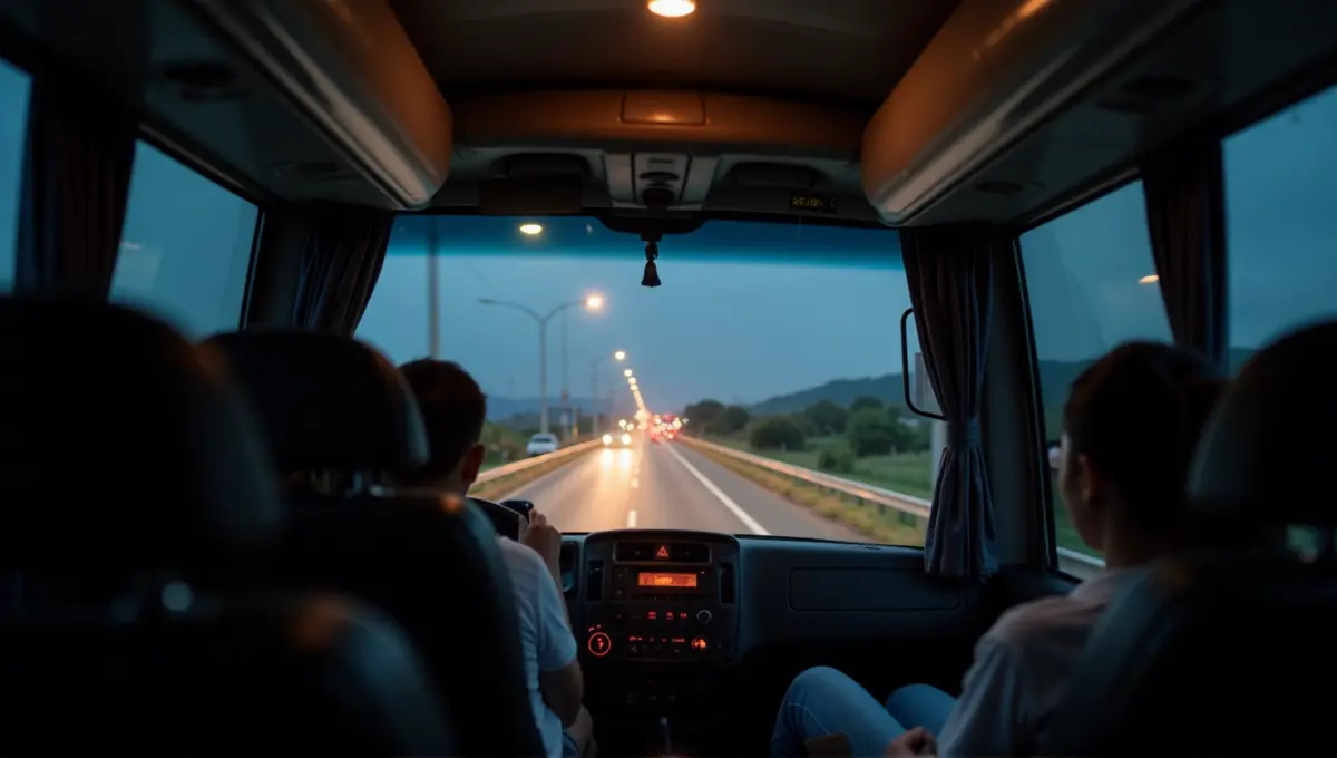 View from inside a sleeper bus window travelling on a highway at dawn, representing budget-friendly overnight transportation costs in Vietnam.