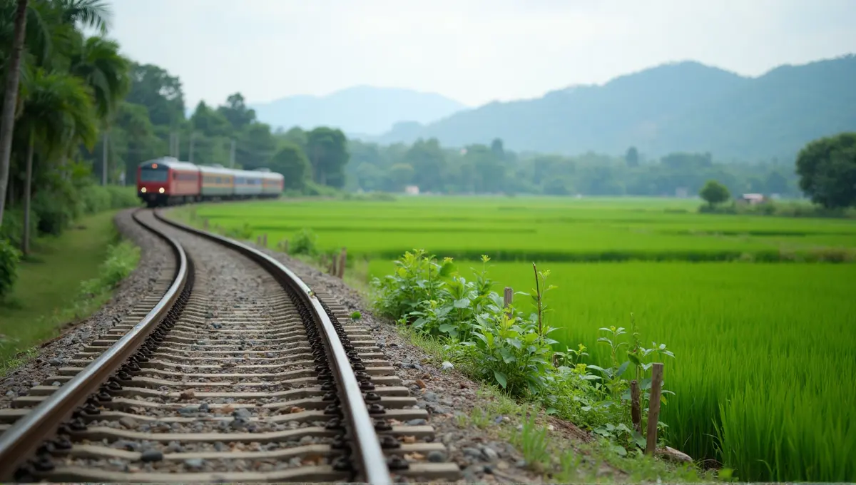 Winding train track curving through a green Vietnamese landscape, symbolizing itinerary flow and travel between destinations.