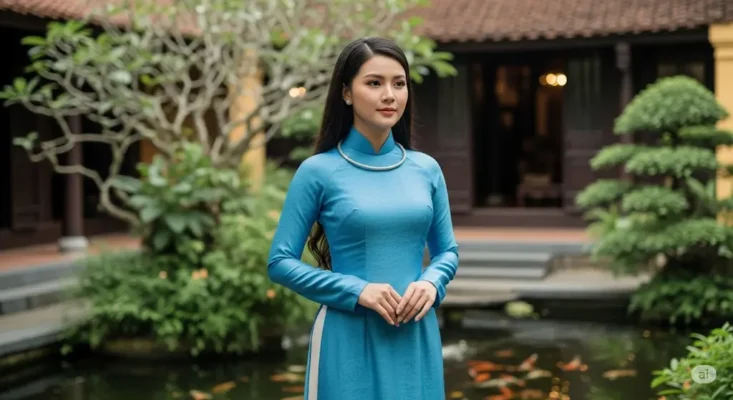 Woman in blue Ao Dai