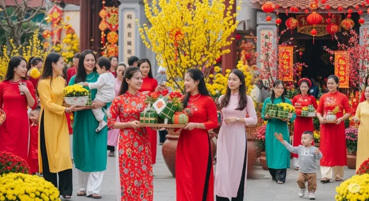Women in colorful Ao Dai at Tet festival