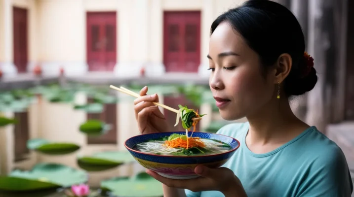 Young Asian woman mindfully eating a bowl of Vietnamese vegetarian noodle soup with chopsticks, with a lotus pond and temple-like building in the background