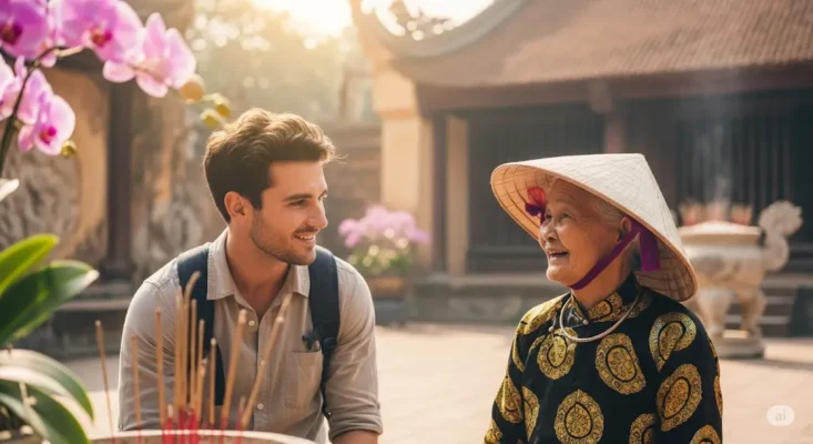Young man conversing with elderly Vietnamese woman in traditional hat at a temple.