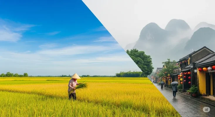left, sunny rice paddy with farmer in conical hat; right, rainy historic misty mountains