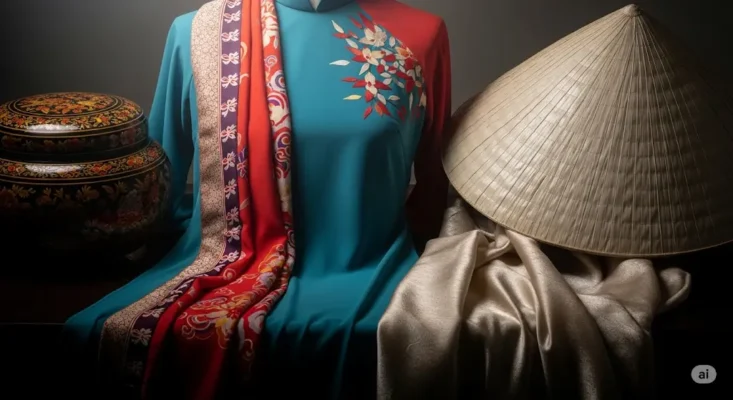 unnamA colorful flat lay of Vietnamese handicrafts conical hats