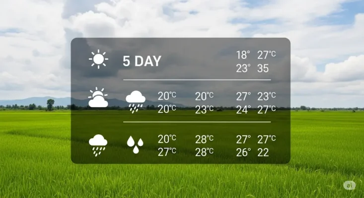 5-day weather forecast widget with Celsius temperatures and icons, over a green rice field
