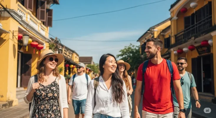 A group of happy young tourists walking and smiling on a sunny street in an old Asian town