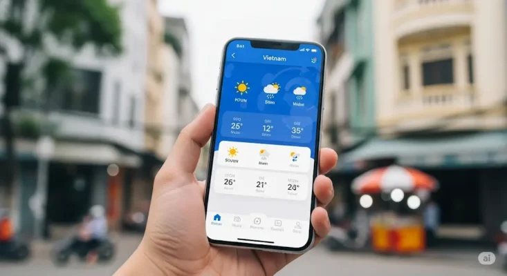 A hand holds a smartphone displaying a weather app for Vietnam, with a blurred street scene in the background
