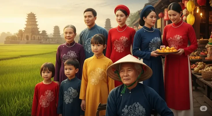 A multi-generational Vietnamese family in traditional áo dài outfits poses in a rural setting