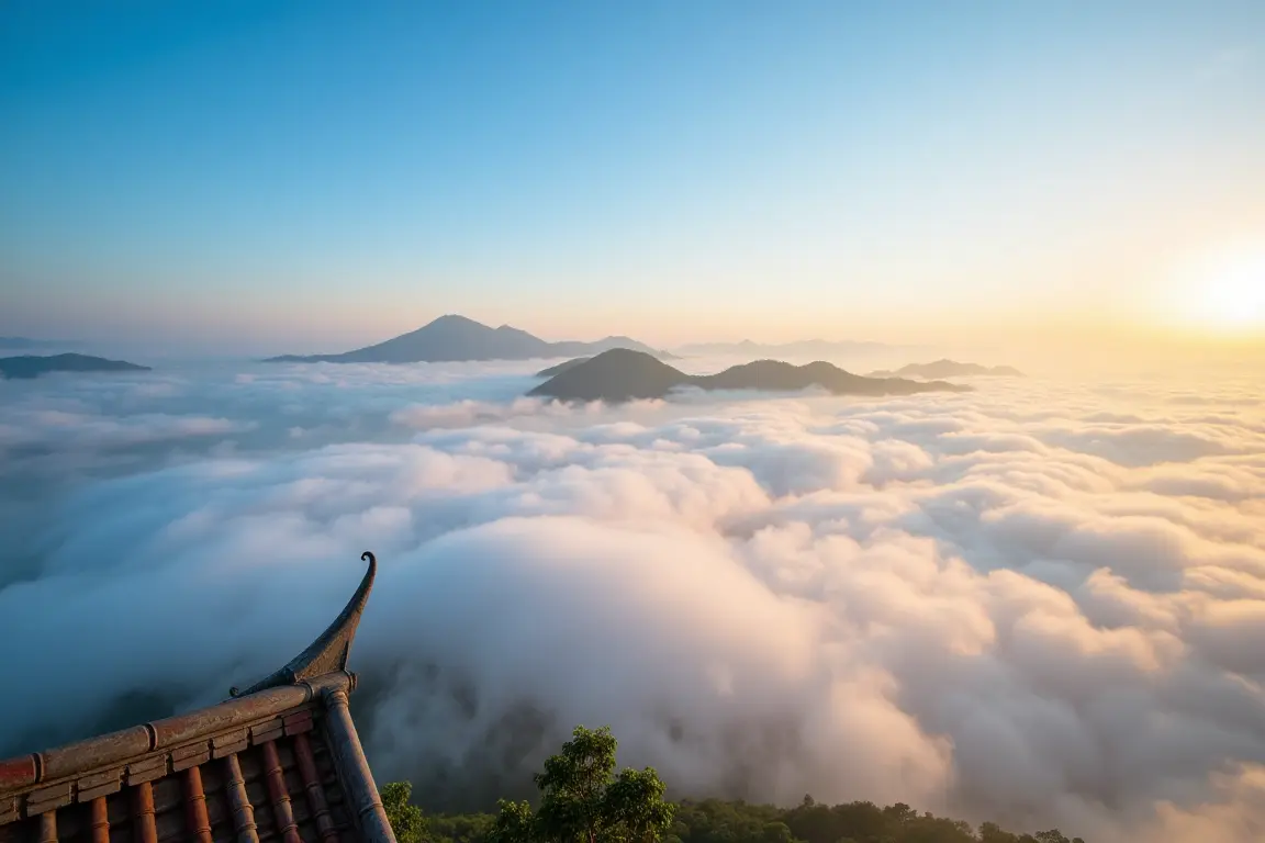A sea of clouds viewed from the peak of Mount Fansipan Vietnam during the best season