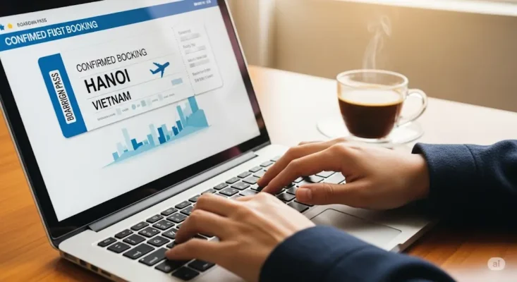 Booking flight to Hanoi, Vietnam on laptop with coffee