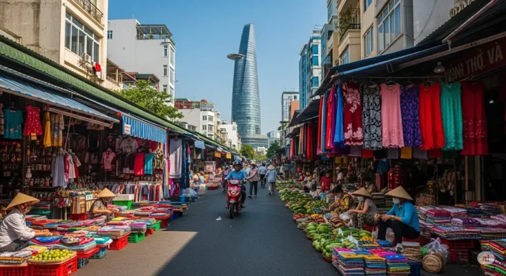 Bustling Ho Chi Minh City street market with vendors in conical hats selling colorful goods, and the Bitexco Tower in the background