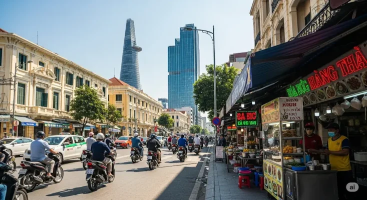 Bustling Ho Chi Minh City street with motorbike traffic, food stalls, and a mix of colonial and modern architecture