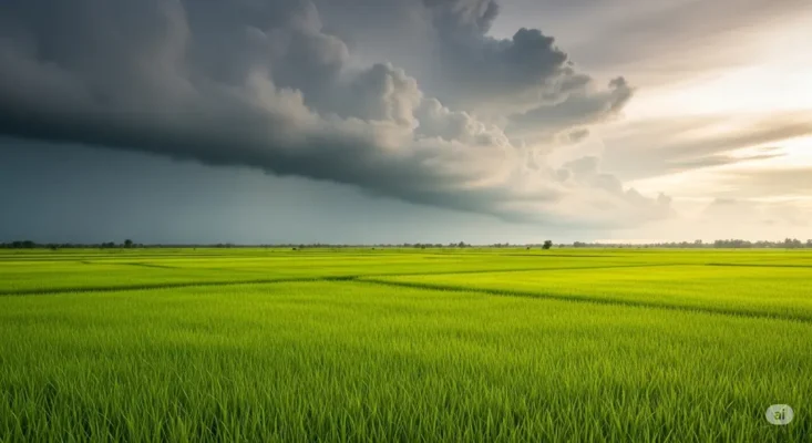 Dark storm clouds loom over a vibrant green rice paddy field with sunlight breaking through