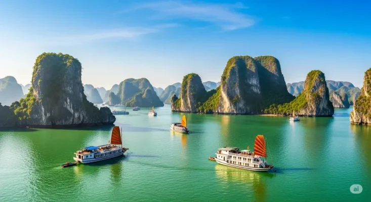 Ha Long Bay, Vietnam traditional boats sail among limestone karsts in emerald waters