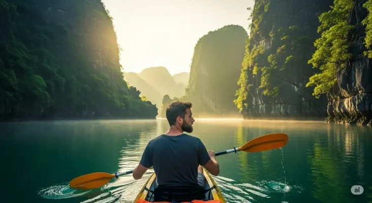Man kayaking in serene bay with limestone karsts at sunrise