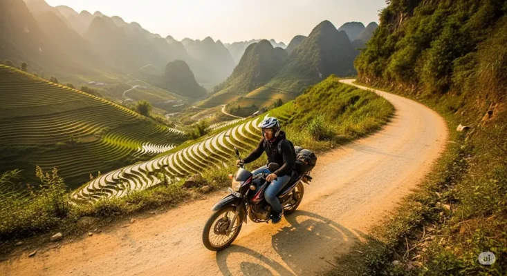 Motorcyclist on a dirt road amidst stunning terraced rice paddies and mountains, bathed in golden sunlight