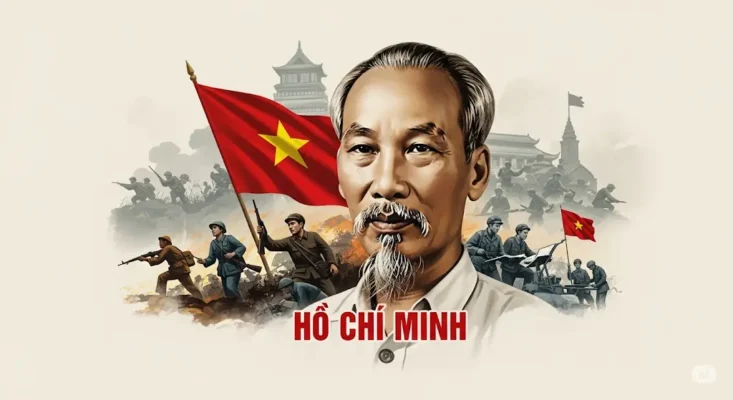 Portrait of Ho Chi Minh with the Vietnamese flag