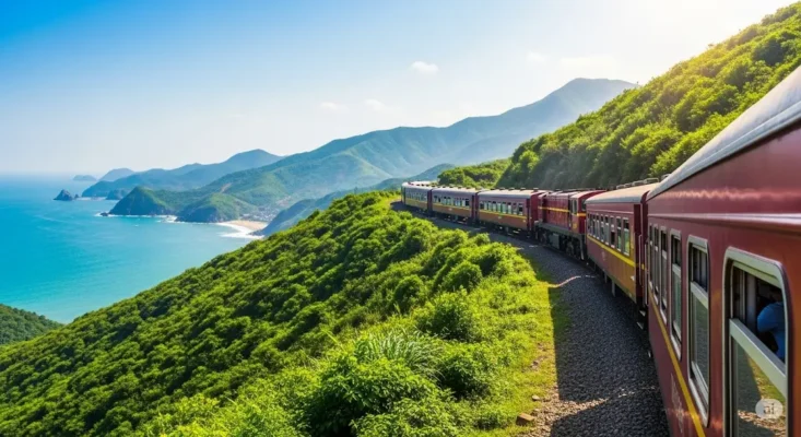 Red train travels along a lush green coastline overlooking the bright blue ocean