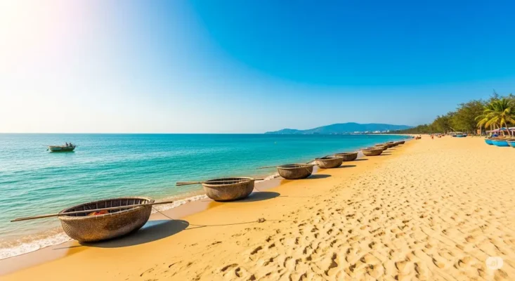 Row of round basket boats on a sunny tropical beach