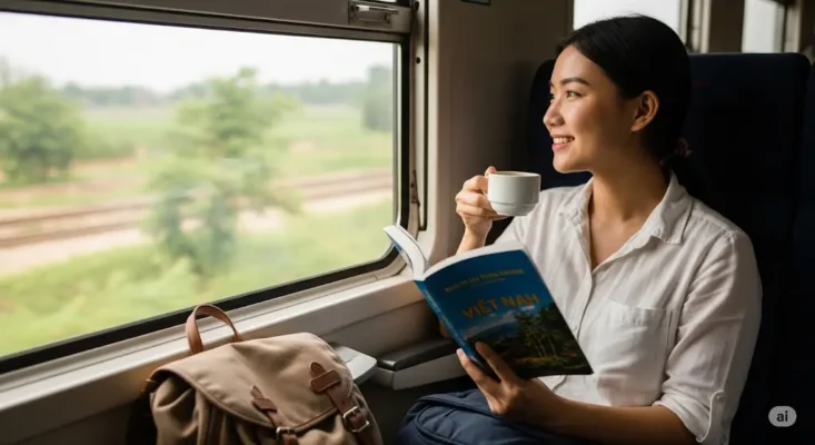 Smiling woman on a train looks out the window, holding a cup and a Vietnam travel guide