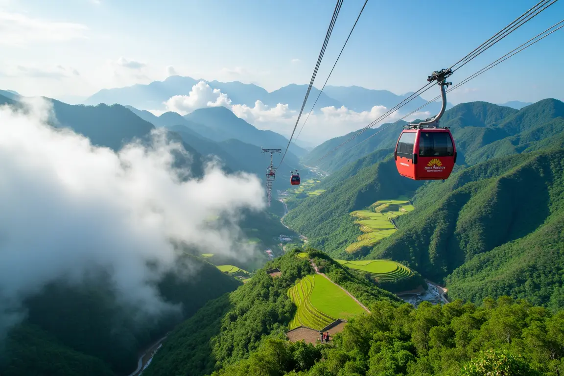 The cable car to the Fansipan Vietnam summit ascending over green terraced fields
