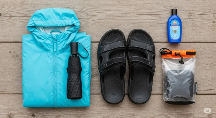 Travel essentials including a rain jacket, umbrella, sandals, insect repellent, and a waterproof bag laid out on a wooden surface7/