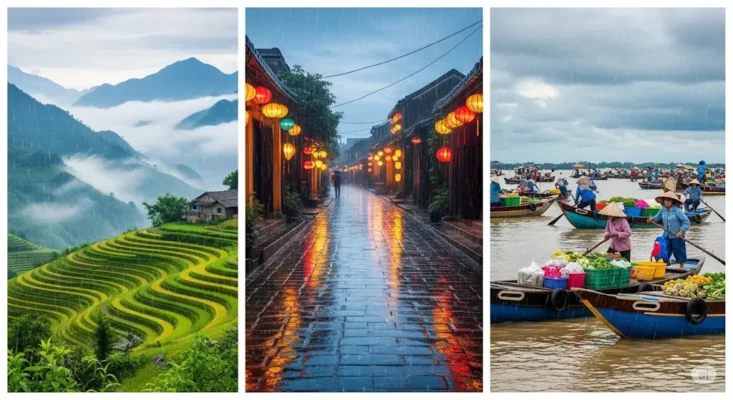 Triptych of rainy Asian scenes terraced rice paddies a lantern-lit street and a floating market