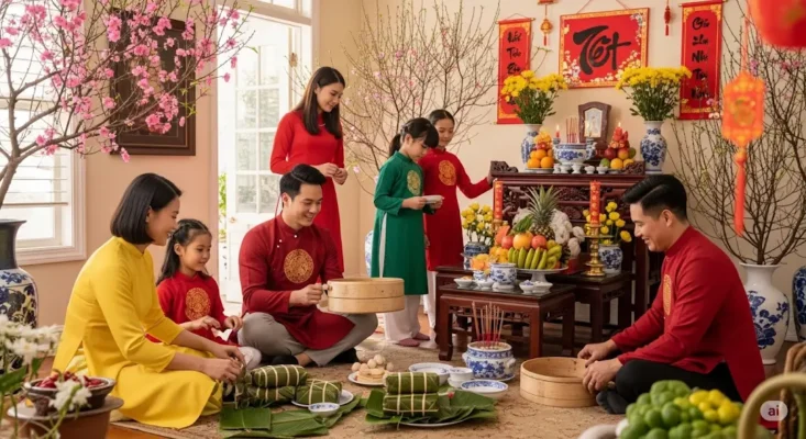 Vietnamese family in traditional ao dai making banh chung