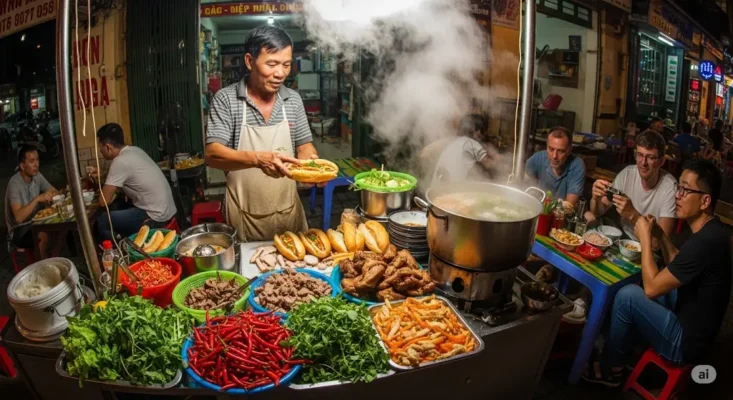 Vietnamese street food vendor preparing Banh Mi at night