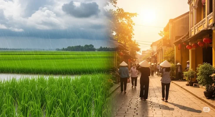 on the left, a rainy green rice paddy; on the right, a sunny Asian street with people in conical hats