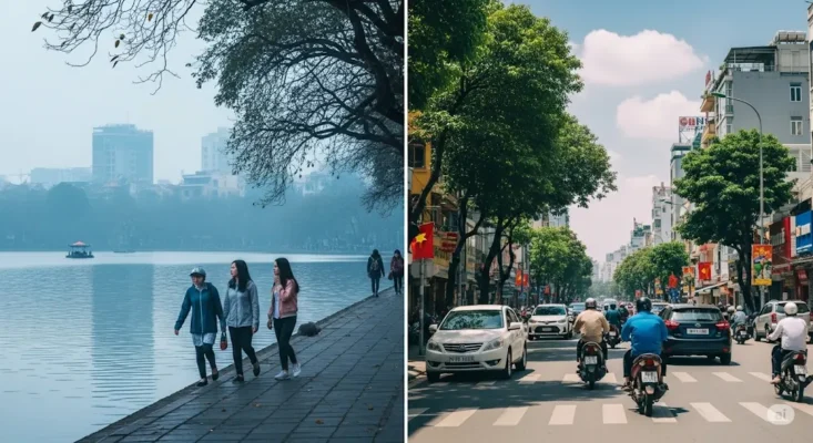 on the left, people walk along a misty lakeside promenade with a city skyline; on the right, a sunny, bustling Vietnamese street with traffic and flags
